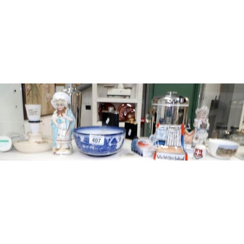 407 - A mixed lot of china including Minton blue and white bowl, continental figurines, match striker, egg... 