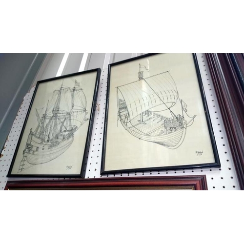 150 - Framed and glazed Whalers print, Bounty print & 3 other shipping prints