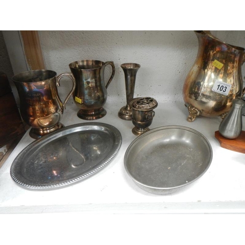 103 - Quantity of silver plate, including tankards, jugs, spoons etc.