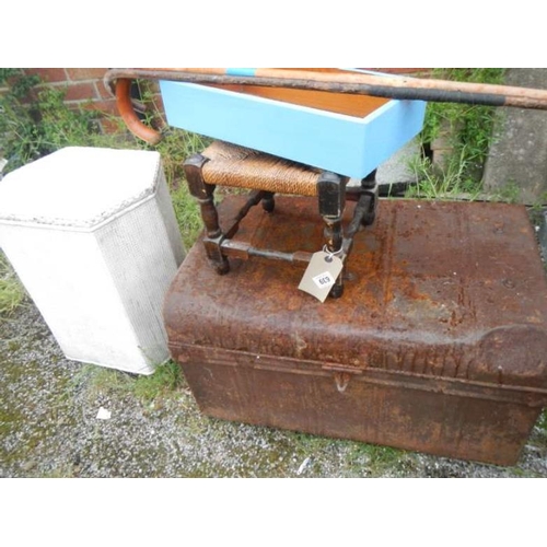 639 - A tin trunk, stool etc