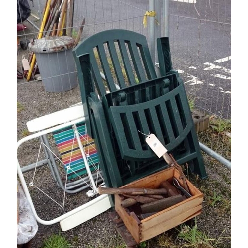 394 - A quantity of garden chairs & box of tools