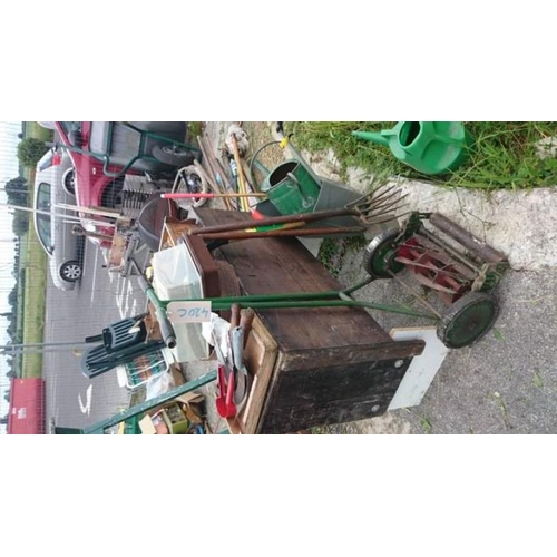 420C - A cabinet, quantity of garden tools & mower etc.