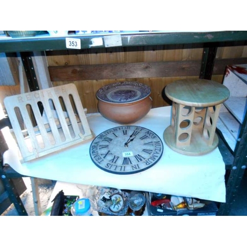 354 - 2 wood kitchen racks, bowl, clock etc