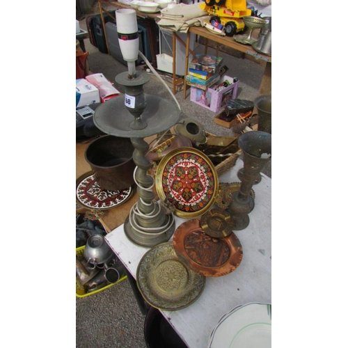 68 - A mixed lot of brass and copper including Georgian candlesticks