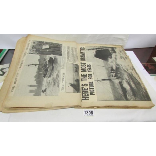 1308 - A 1930's scrap book containing cuttings related to naval/maritime affairs and shipping disasters