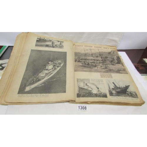 1308 - A 1930's scrap book containing cuttings related to naval/maritime affairs and shipping disasters