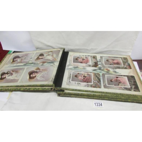 1334 - A lacquered Oriental design album with mother of pearl decoration a/f containing in excess of 50 pos... 