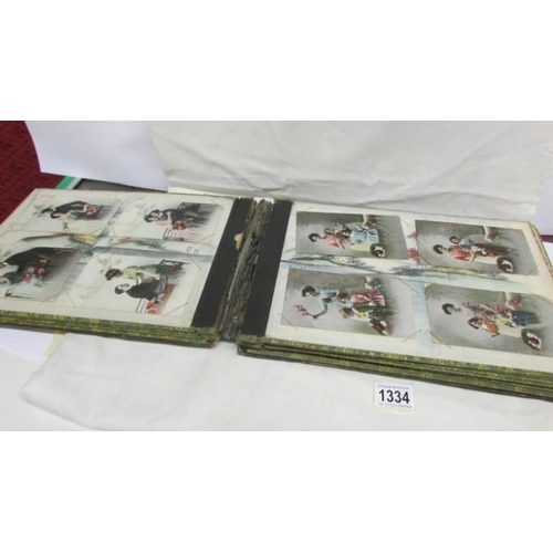 1334 - A lacquered Oriental design album with mother of pearl decoration a/f containing in excess of 50 pos... 