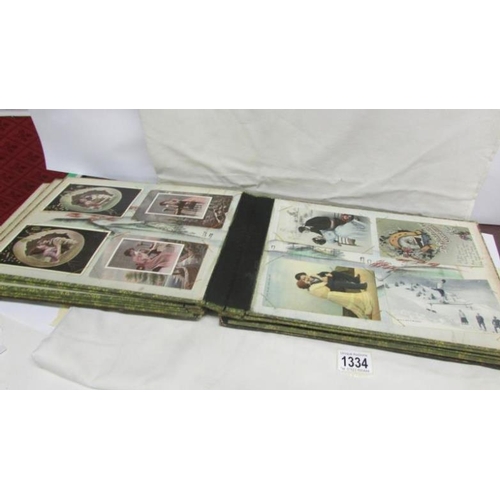 1334 - A lacquered Oriental design album with mother of pearl decoration a/f containing in excess of 50 pos... 