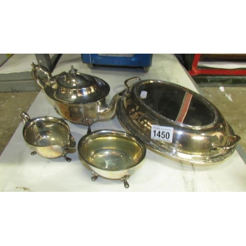 1450 - A silver plated 3 piece tea set and tureen