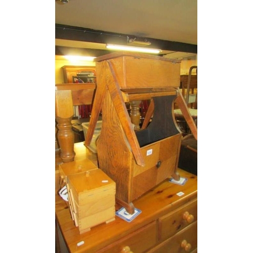 1858 - A folding sewing box and contents, 1 other and a oak magazine rack