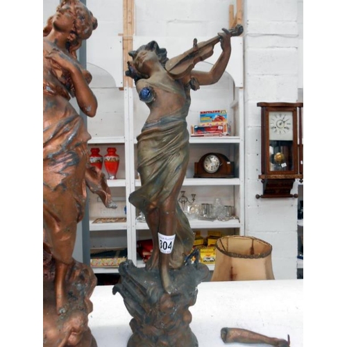 304 - Victorian spelter figure lamp and a figure playing violin a/f