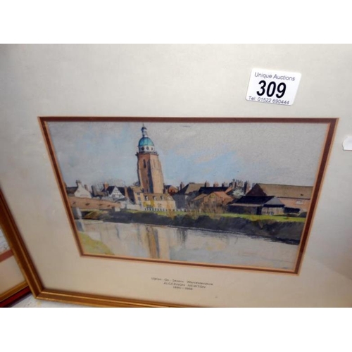 309 - Watercolour of Upton-On-Severn initialled AN (Algernon Newton 1880-1968) and 2 watercolours of rural... 