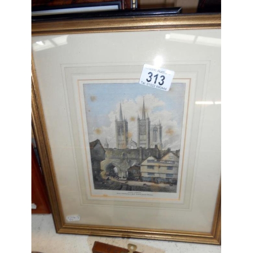 313 - 7 pictures inc. engraving of Lincoln cathederal after J.M.W. Turner nursery rhyme prints etc.