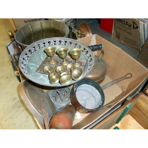 357 - 2 boxes of brass and copper inc. saucepans, hand bells etc.