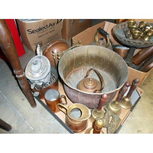 357 - 2 boxes of brass and copper inc. saucepans, hand bells etc.