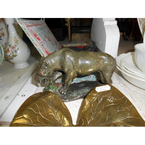 384 - Brass frog and insect on lily, soapstone tiger  and boxed set of terracotta soldiers