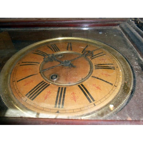 493 - A long Victorian Vienna wall clock, spings OK, case damaged, no pendulum and box of mantel clock par... 