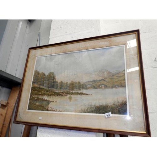 556 - A framed & glazed water colour 'English lake scene with distant mountains' signed H.V. Humphreys 188... 