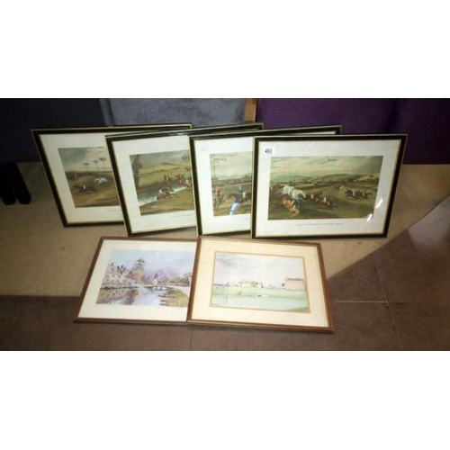 493 - 4 hunting/steeple chase prints & 2 others