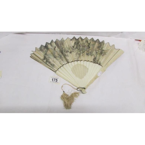 175 - A superb ivory fan, double sided with birds and butterflies embroidered on silk and hand painted to ... 