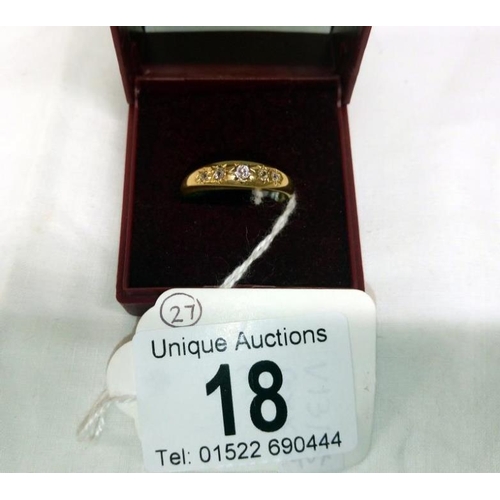 18 - An old cut 5 stone diamond ring dated London 1902, tests as 18ct gold, size Q