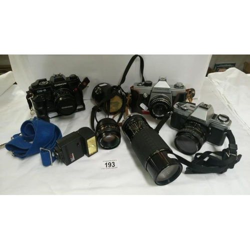 193 - A Minolta X-300 Chinon CE-5 and Praktic cameras, lenses etc