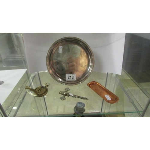 213 - A silver plate tray marked 'Christopher', a copper pen tray with robin marking, a corkscrew and an a... 