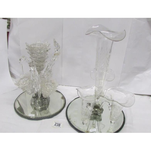 238 - 2 Victorian mirror base glass epergnes, both a/f