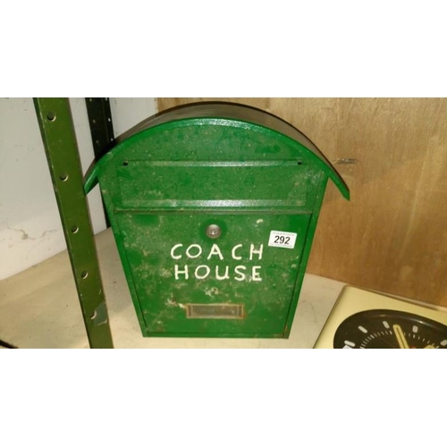 292 - A green painted metal wall mounting letter box (no key)