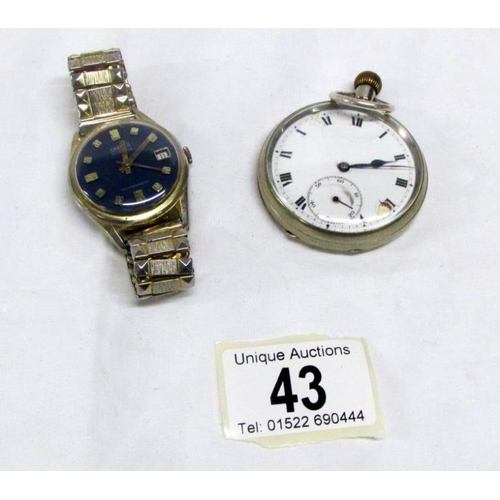 43 - A railway pocket watch LNER relief, working but dial a/f and an Omnia gents wristwatch not working