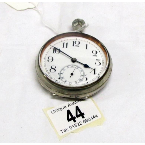 44 - A large white metal pocket watch in need of attention