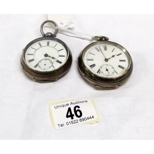 46 - 2 silver cased pocket watches, hall marked Birmingham 1913/14 and Chester 1890/91