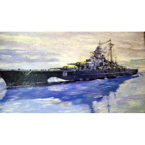 606 - An oil on board of nazis German battleship Bismarck by J. Tither