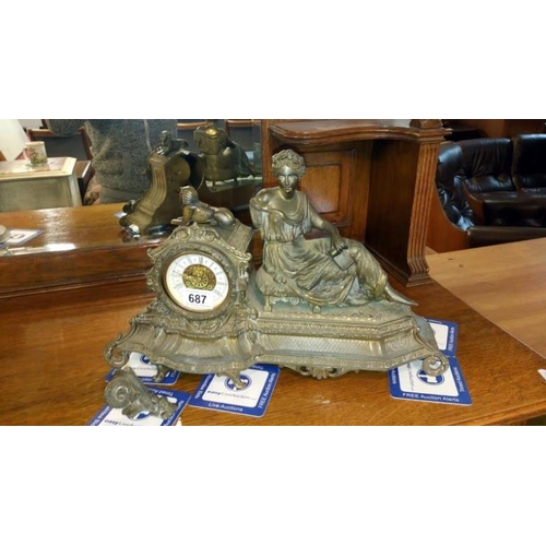 687 - A French spelter mantel clock surmounted figure a/f