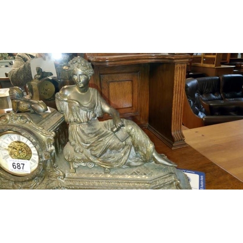 687 - A French spelter mantel clock surmounted figure a/f