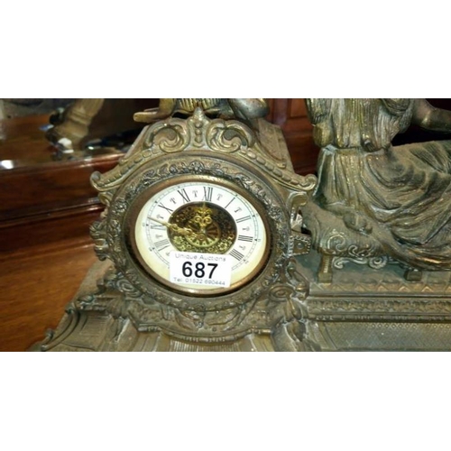 687 - A French spelter mantel clock surmounted figure a/f