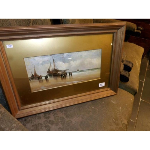 737 - A circa 1850 oil on board/panel coastal scene with ships on beach by H. Walter, Image 38 x 18cm