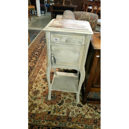 743 - A shabby chic French pot cupboard with marble top (marble a/f)