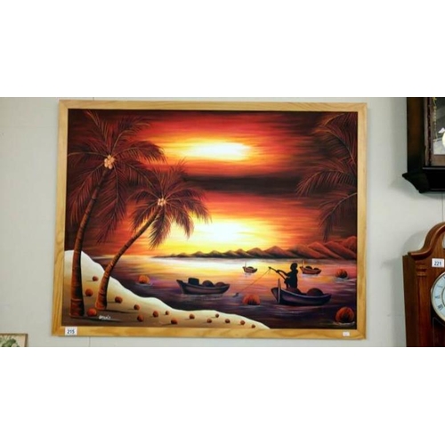 215 - A large framed oil on board Caribbean sunset scene