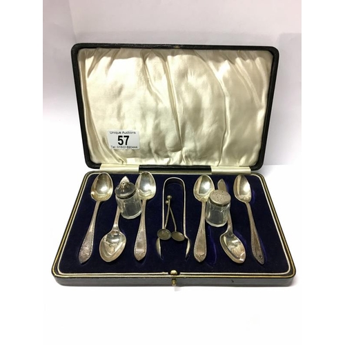 57 - A cased set of silver teaspoons with sugar tongs, 2 silver mustard spoons together with salt and pep... 