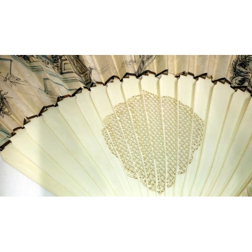 175 - A superb ivory fan, double sided with birds and butterflies embroidered on silk and hand painted to ... 