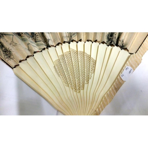 175 - A superb ivory fan, double sided with birds and butterflies embroidered on silk and hand painted to ... 