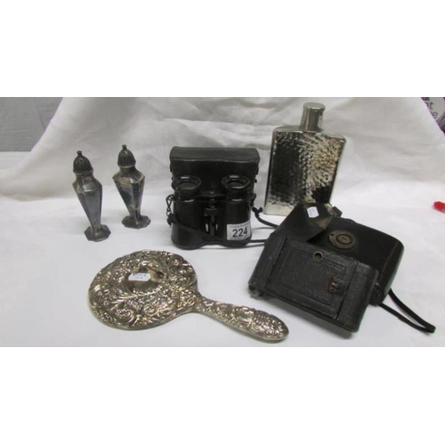 224 - A mixed lot including silver hand mirror, cased binoculars, cased Ernar camera, hip flask and salt a... 