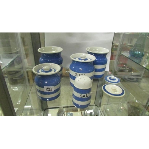 225 - 5 pieces of T G Green blue and white Cornish kitchenware including soda and salt