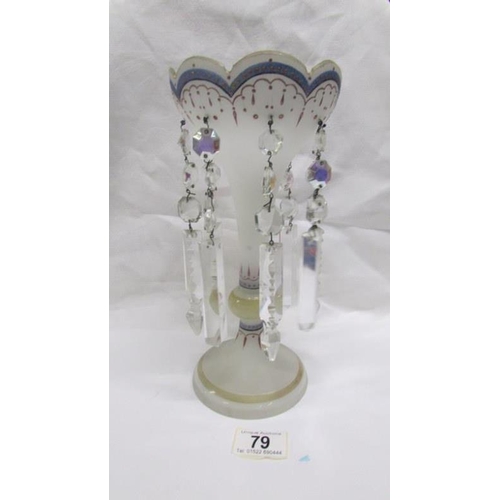 79 - A 19th century frosted glass hand decorated lustre vase with crystal droppers