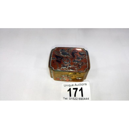 171 - A brass snuff box with applied copper birds and flowers