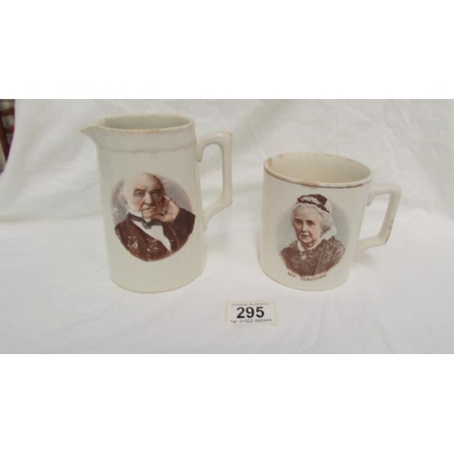 295 - A creamware tankard & jug of Mr & Mrs William Gladstone A/F