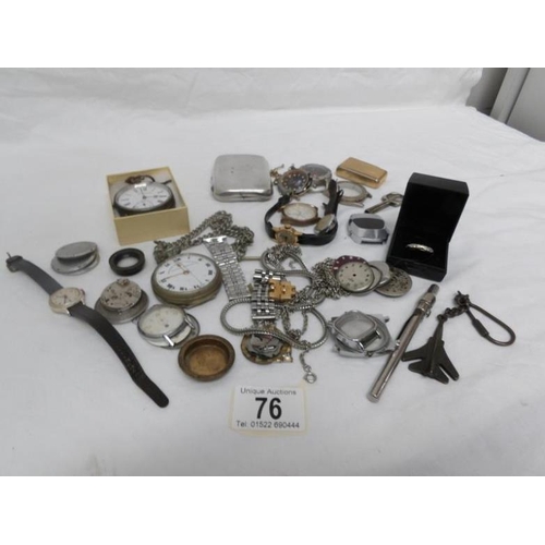 76 - A box of assorted watches including silver pocket watch, silver cigarette case and various miscellan... 