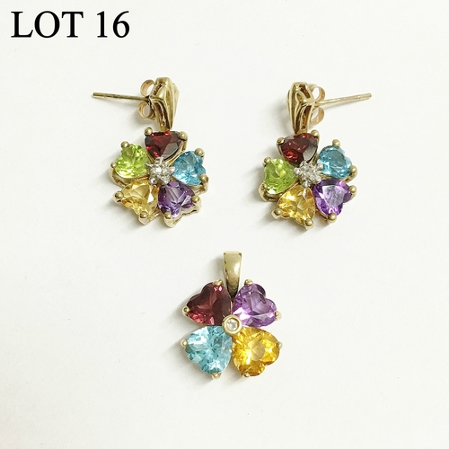 16 - A pair of multi-gem earrings and a matching pendant in 9ct gold (stones include amethyst, peridot, c... 